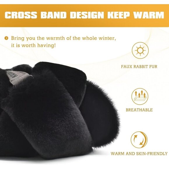 Women's Fleece Fuzzy Fur Criss Cross Open Band Cozy Slippers Black Shoes - Picture 6 of 9